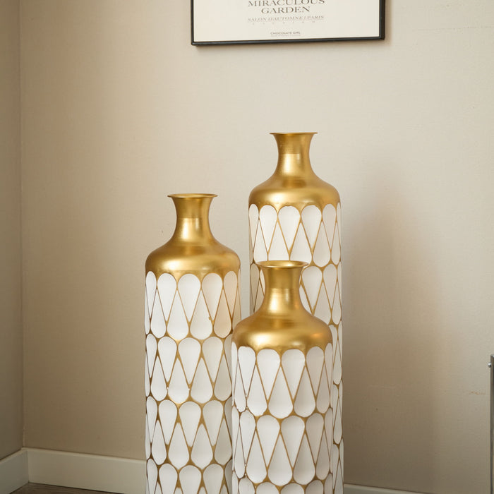 Floor Metal Vase Modern Style Decoration Home Droplet Shaped Metal Vase 3 Piece Set Gorgeous Home Decoration Large Glazed Metal Vase - Gold / White