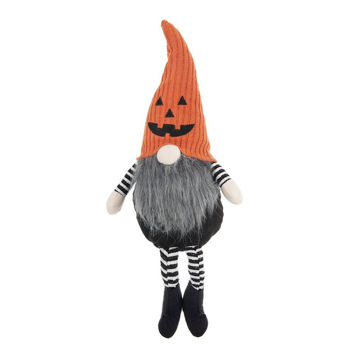 Sitting Gnome With Knit Hat, For Halloween Decor - Black / Orange / White