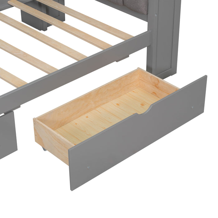 Platform Bed With Upholstered Headboard, Storage Shelves, Drawers, Charging Station, LED Lighting, Built In Desk