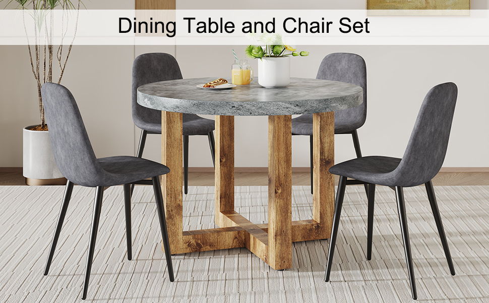A Modern And Practical Circular Dining Table. Made Of MDF Tabletop And Wooden MDF Table Legs. A (Set of 4) Cushioned Chairs