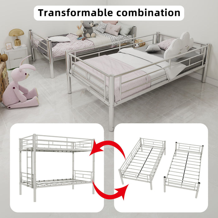Metal Bunk Bed For Kids, Convertible Bedframe With Ladders & Guardrail