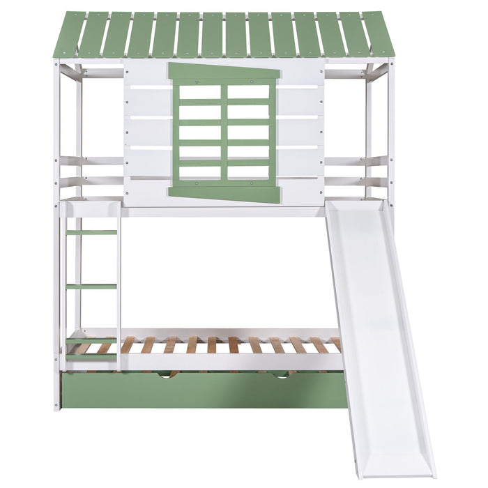 Twin Over Twin House Bunk Bed With Convertible Slide And Trundle - White