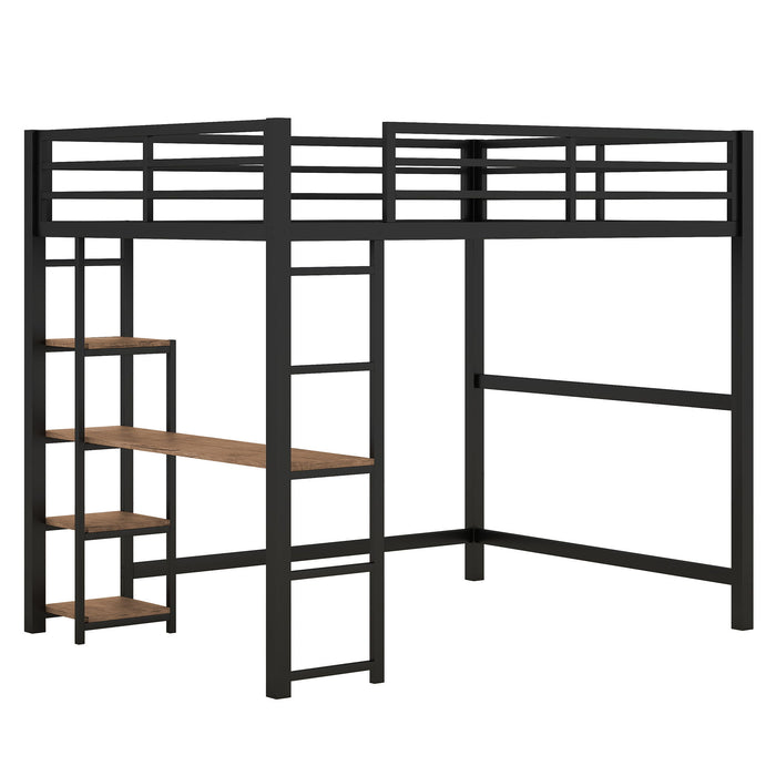 Loft Bed With Built In Desk And Storage Shelves, Full Size - Black