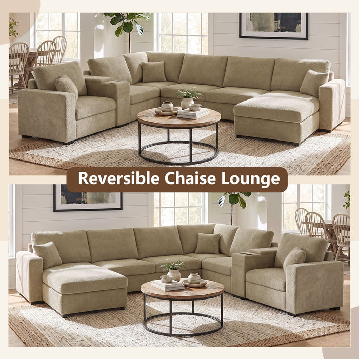 Modular 5 Seat U-Shape Sectional Sofa With Chaise Lounge, Built In Cup Holders And Storage Drawer