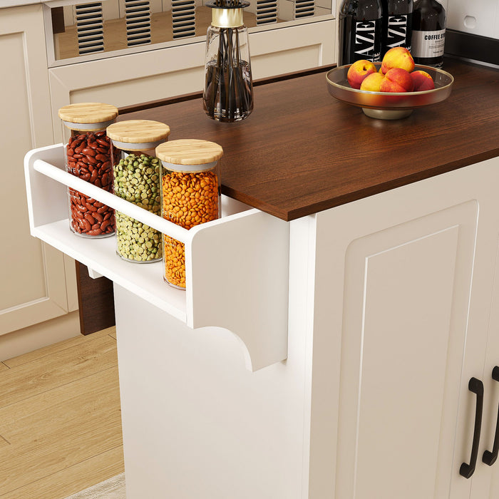 Kitchen Island Cart With Foldable Tabletop & Drop Leaf Mobile Breakfast Bar With Wood Top And Storage - White / Walnut