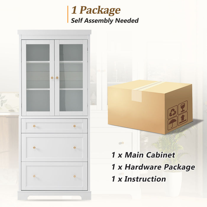 Freestanding Tall Bathroom Cabinet With Adjustable Shelves, Drawers, Soft Close Glass Doors