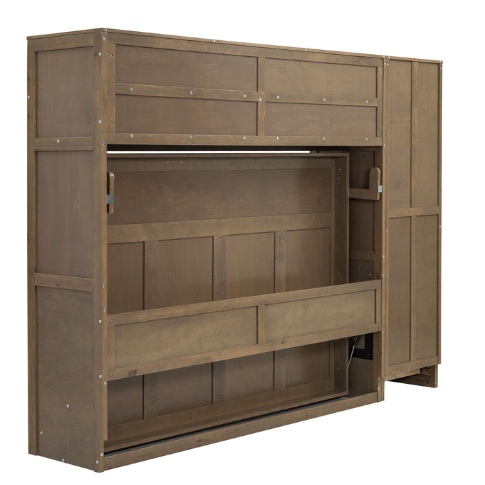 Full Size Murphy Bed With Wardrobe, Drawers, And Open Shelves - Wood