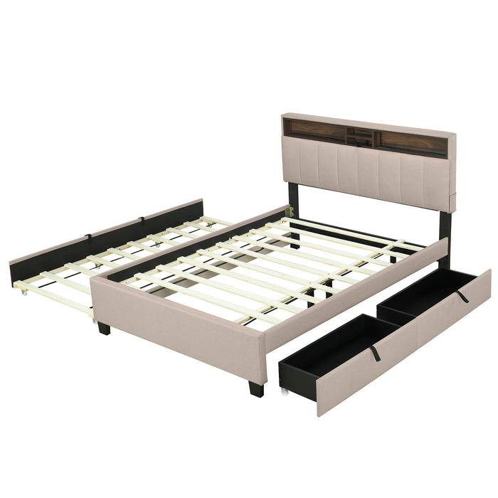 Upholstered Platform Bed With Storage Headboard, Trundle & 2 Drawers And A Set Of Sockets & USB Ports