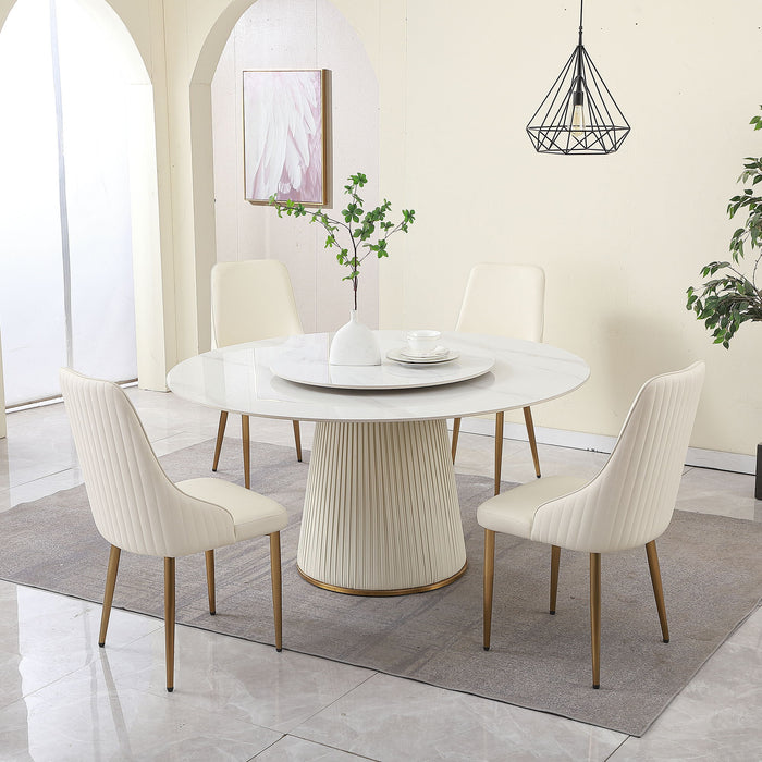 Modern Sintered Stone Dining Table With 31.5" Round Turntable With Wood And Metal Exquisite Pedestal With 6 Pieces Chairs.
