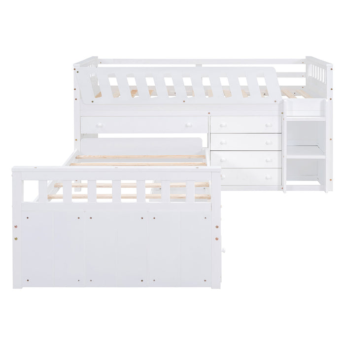 Loft Platform Bed With 7 Drawers And Full Guardrails, Modern L Shaped Space Savin