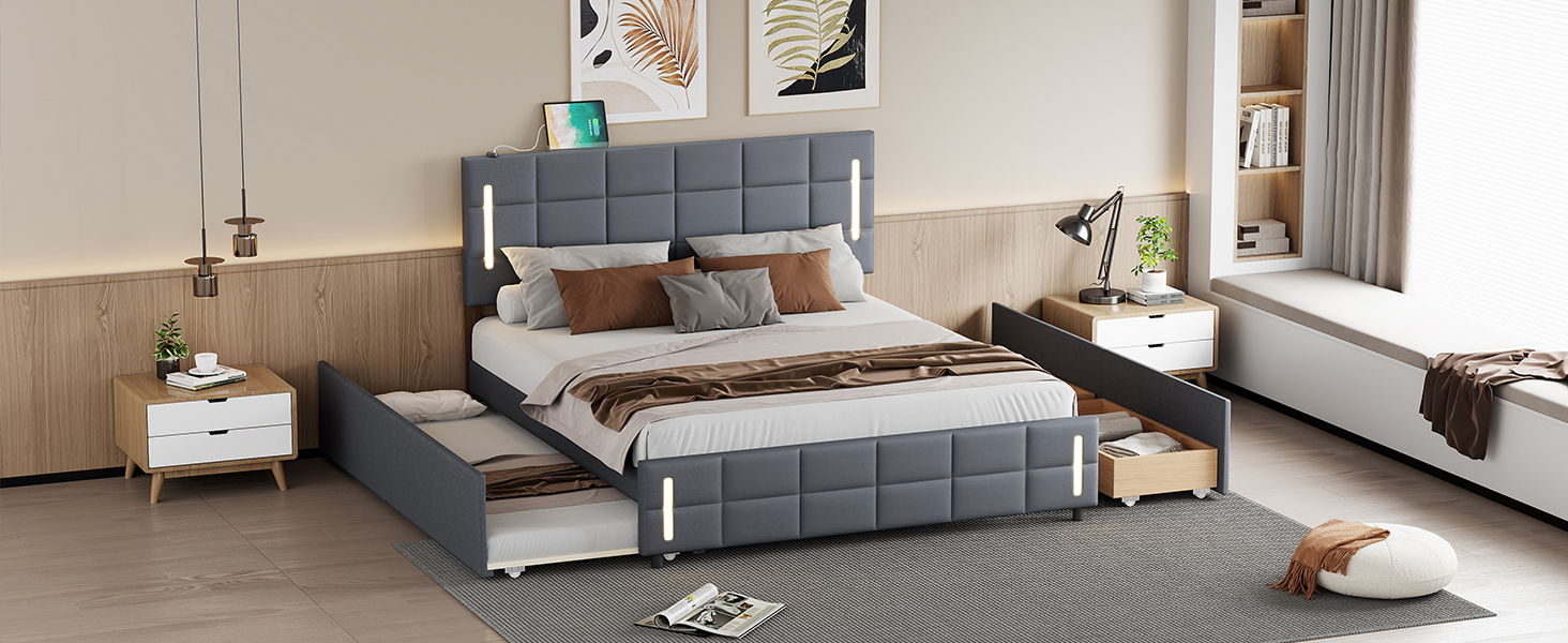 Upholstered Platform Bed With Trundle & Drawers