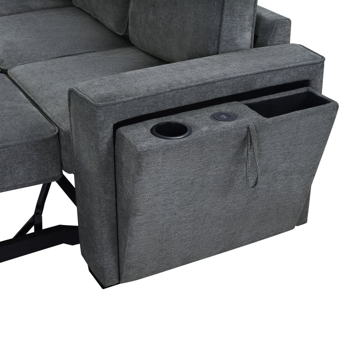 Convertible Sectional L-Shaped Sofa With Dual Pull-Out Sleepers, Flip-Top Table, USB Ports, Cup Holder & Storage