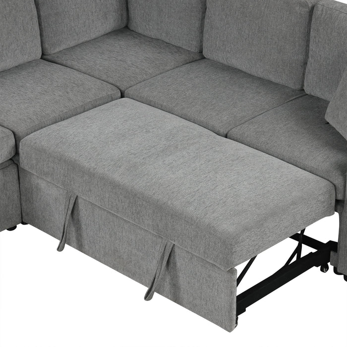 Modern U-Shaped Sectional Sofa Convertible Pull-Out Sofa Bed With USB Ports And Cup Holders