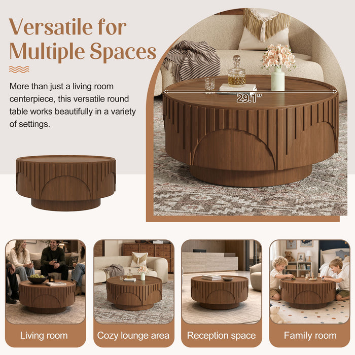 Round Fluted Drum Coffee Table With Sturdy Base For Living Room