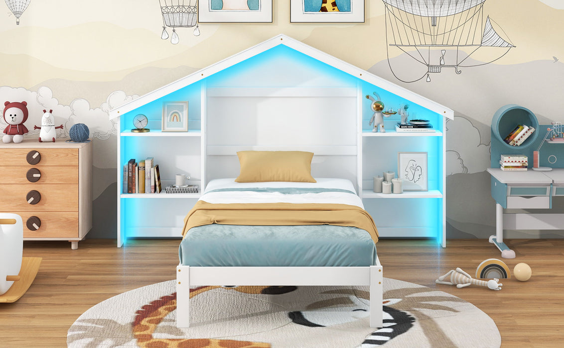 Wood Twin Size Platform Bed With House Shaped Storage Headboard And Built-In LED , White