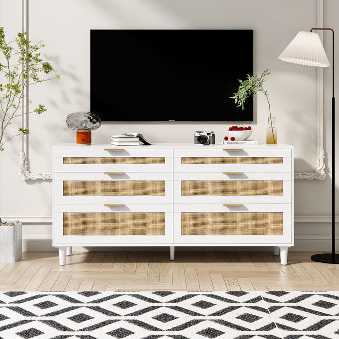 Rattan Dresser With 6 Drawers, Wooden Legs & Metal Handle