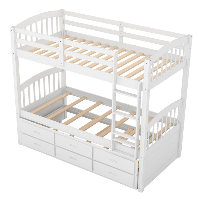 Bunk Bed With Trundle And Drawers, Arched Headboard And Footboard