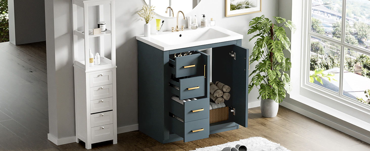Ceramic Sink Combo, Freestanding Vanity Set With 3 Drawers & Soft Closing Doors