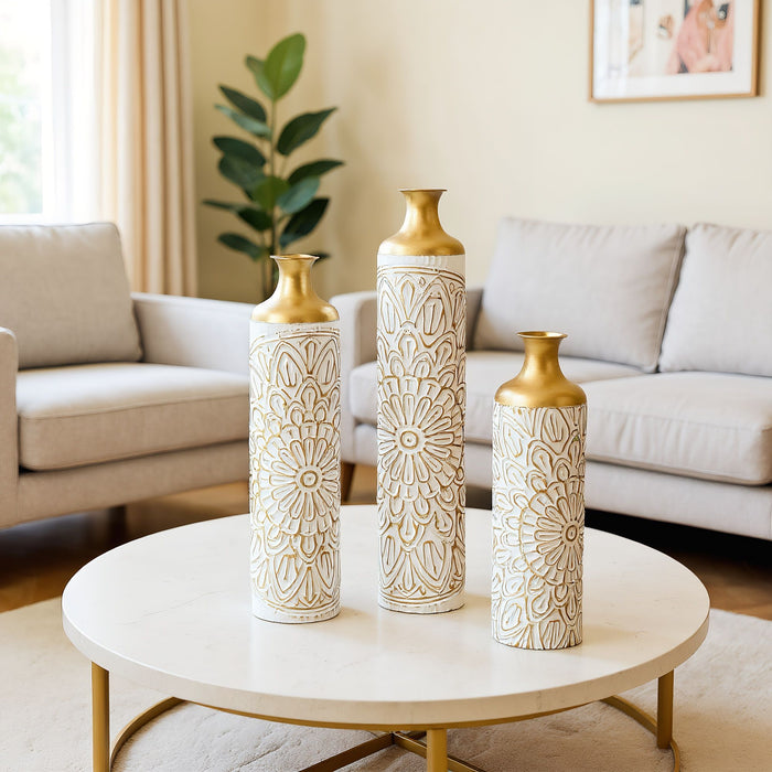 3 Piece Home Decoration Large Glazed Floor Vase Decoration Home Droplet Shaped - Gold / White