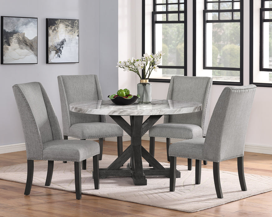 5 Pieces Dining Set Contemporary Style White Faux Marble Round Table Top Gray Upholstery Wing Back Chairs Black Finish Wooden Solid Wood Dining Room Furniture