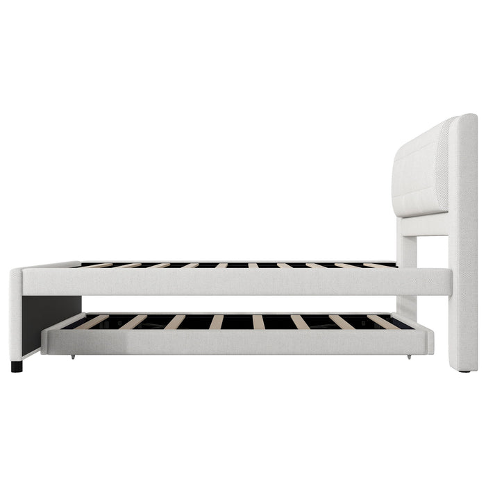 Upholstery Platform Bed With Trundle,Trundle Can Be Flat Or Erected