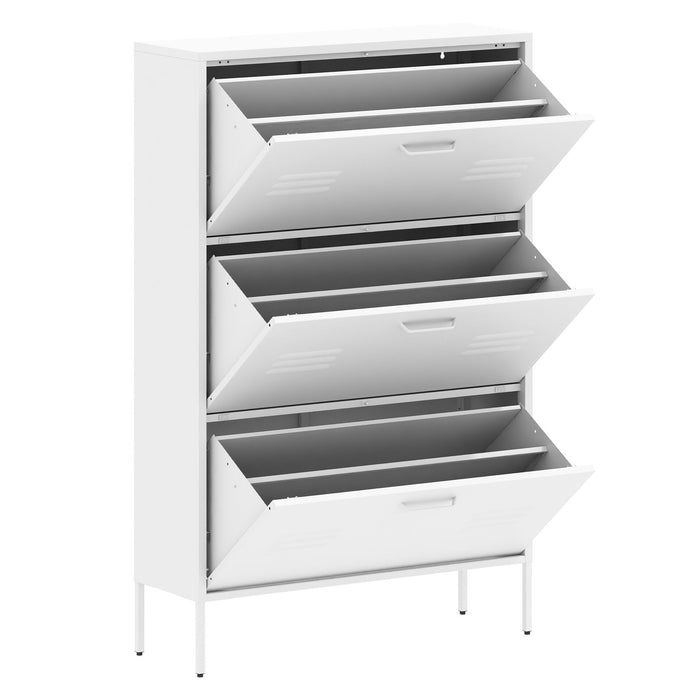 Modern Shoe Storage Cabinet With 3 Flip Drawers And Metal Frame For Entryway - Brushed Nickel