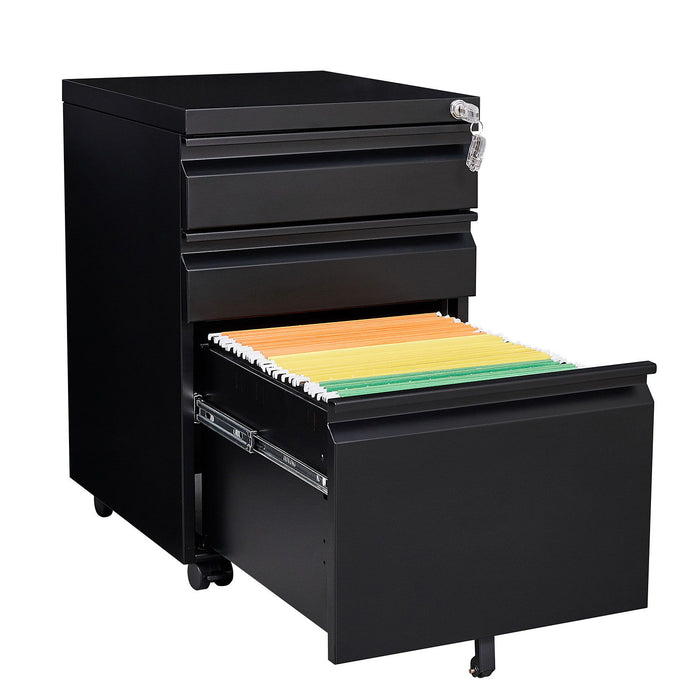 Contemporary Black 3 Drawer Mobile Filing Cabinet With Lock, Metal Office Storage For Legal / Letter Size