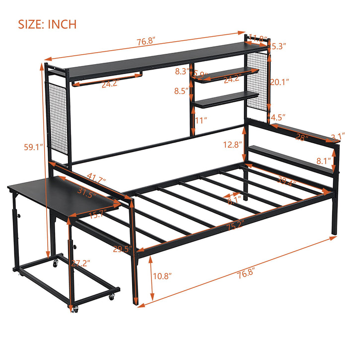 Daybed With Movable Desk, Grid, Shelves And Clothes Hanger