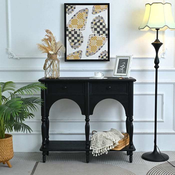Accent Carved Console Table With Open Shelf And 2 Drawers For Living Room - Black