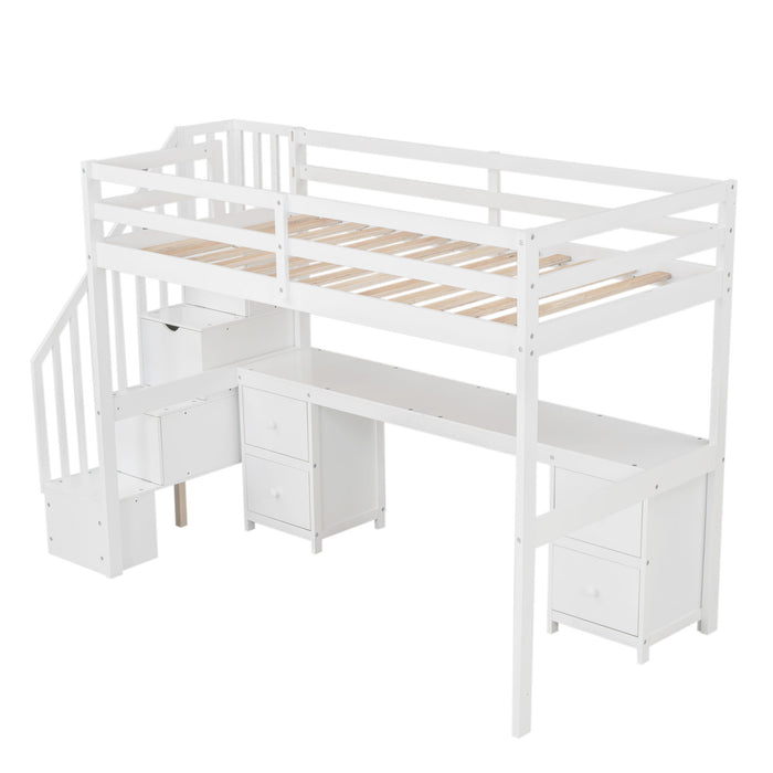 Loft Bed Frame With Built In Desk And Double Storage Drawers