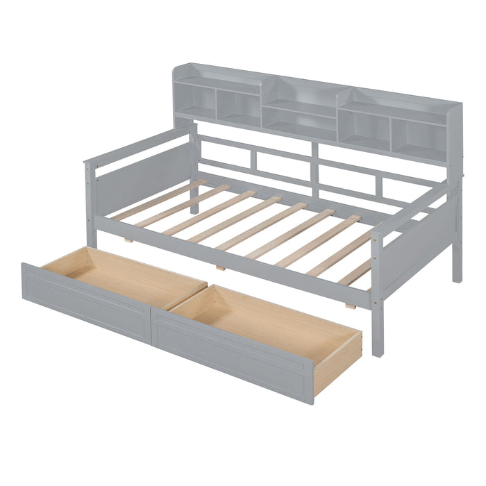 Daybed, Slat Support, With Bedside Shelves And 2 Drawers
