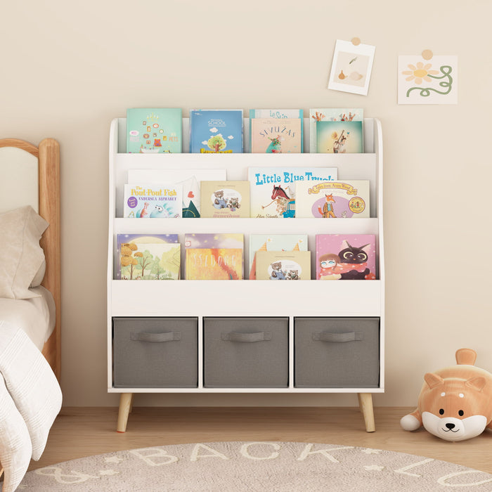 Bookshelf With 3 Storage Bins, Book Display Organizer, Front Facing Book Rack - White
