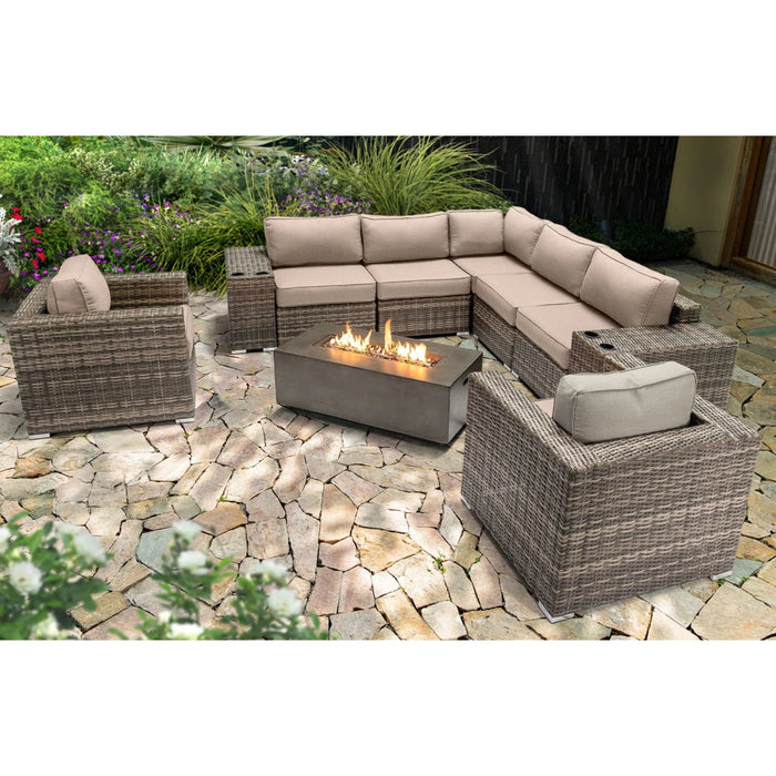 Rattan Wicker Patio Set With Cushions And Concrete Fire Pit