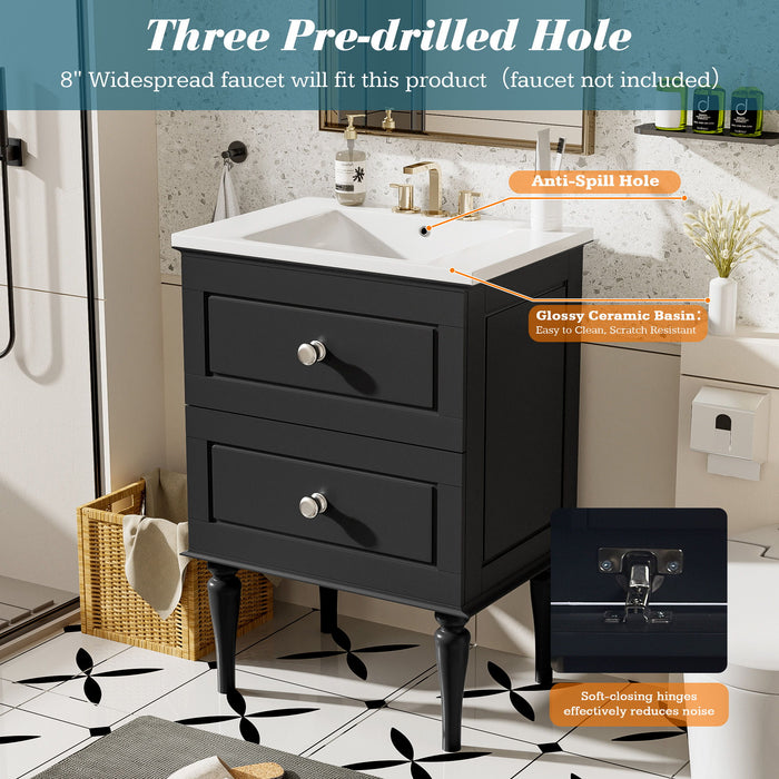Bathroom Vanity Cabinet With Ceramic Sink Combo Set, Frame Modern Bathroom Storage Cabinet With 2 Drawers - Black