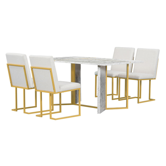 Trexm 7 Piece Modern Dining Table Set, Artificial Marble Sticker Tabletop And 6 Upholstered Linen Chair All With Golden Steel Legs For Dining Room And Kitchen (White / Gold)