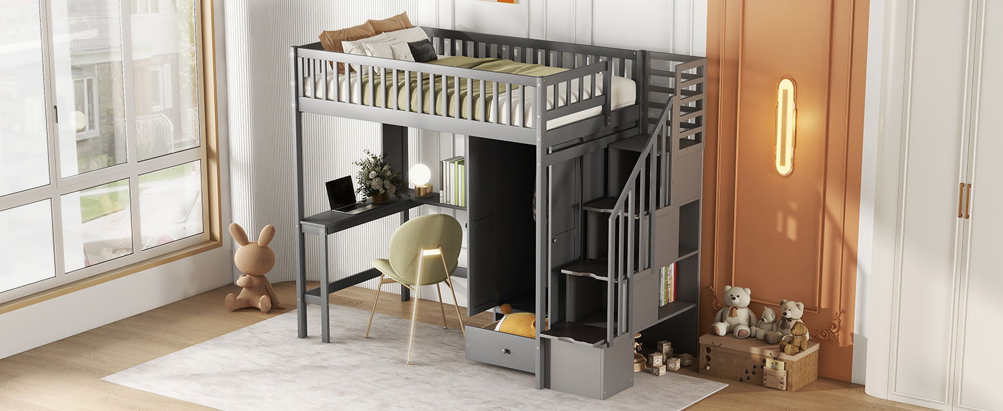 Loft Bed With Bookshelf, Drawers, Desk, And Wardrobe
