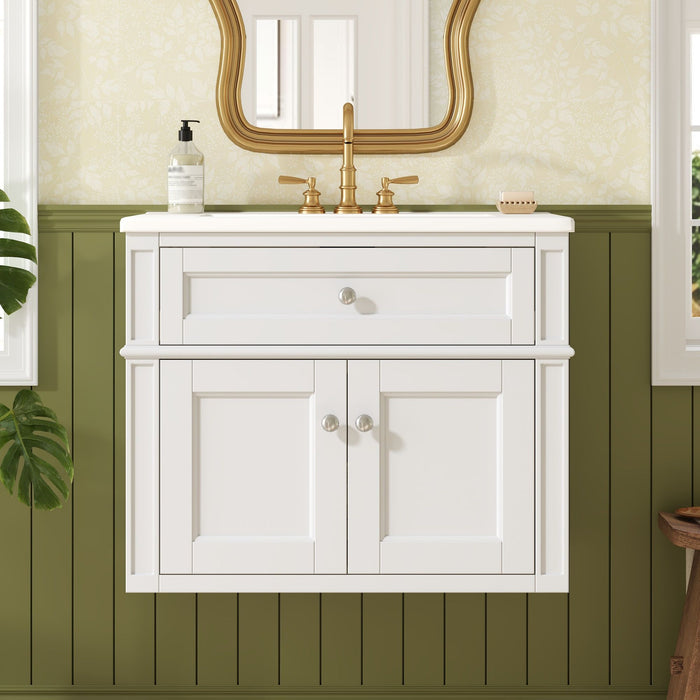 Wall Mounted Bathroom Vanity With Tip Out Drawer And Open Back Design