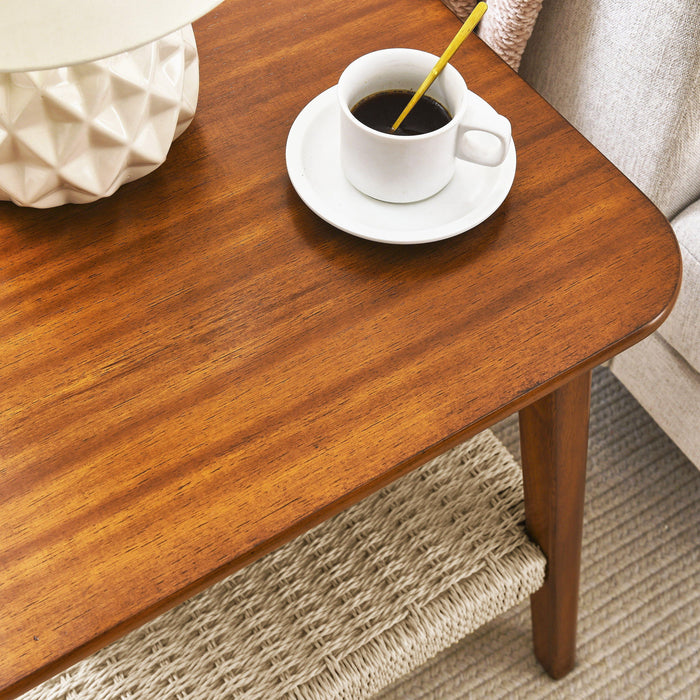 Mid - Century Square Side Table With Woven Shelf - Walnut