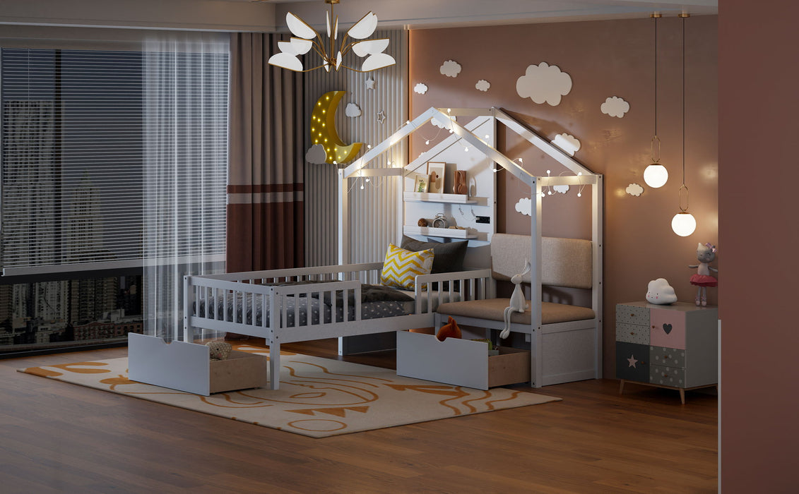 House Bed With Upholstered Sofa, Wireless Charging Station, Shelves And 2 Drawers