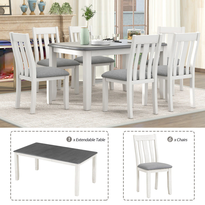 Retro Style 7 Piece Dining Table Set With Extendable Table And 6 Upholstered Chairs - Gray / White