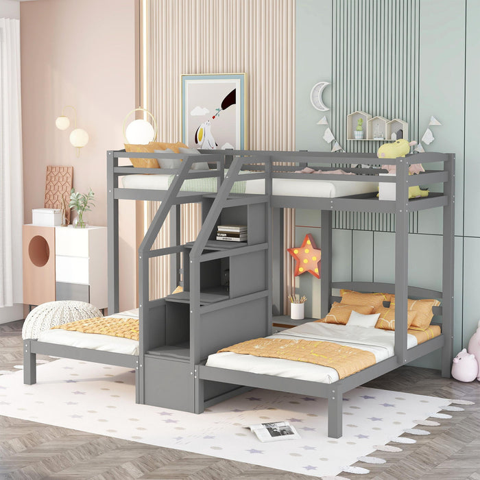 Twin Over Twin & Twin Bunk Bed With Built In Staircase And Storage Drawer - Gray