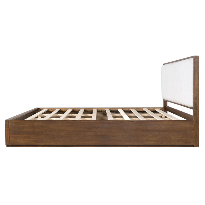 Queen Low Profile Design Bed With Upholstered Headboard - Beige / Walnut Brown