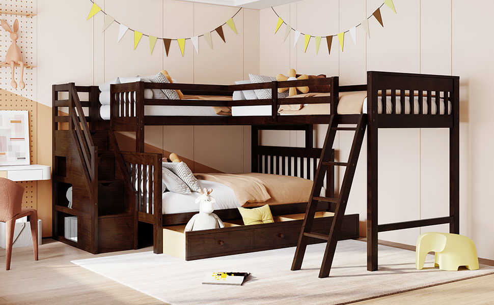 Solid L Shaped Bunk Bed With 3 Drawers, Ladder And Staircase