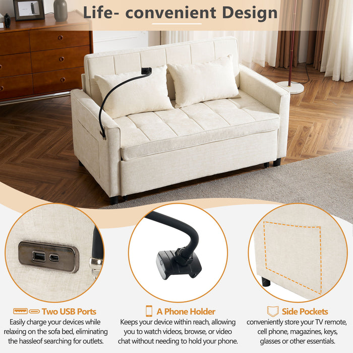 Pull-Out Sleeper Sofa With Reversible Backrest Cushion, Side Pockets, 2 USB Ports And A Phone Holder For Living Room