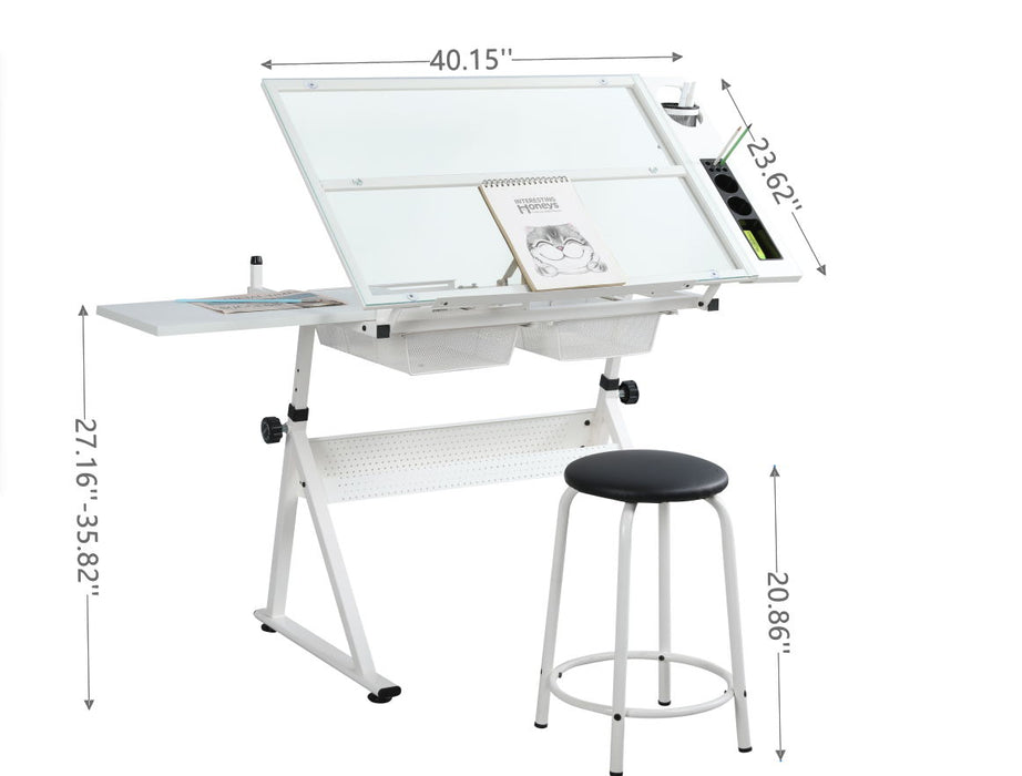 Adjustable Tempered Glass Drafting Printing Table With Chair