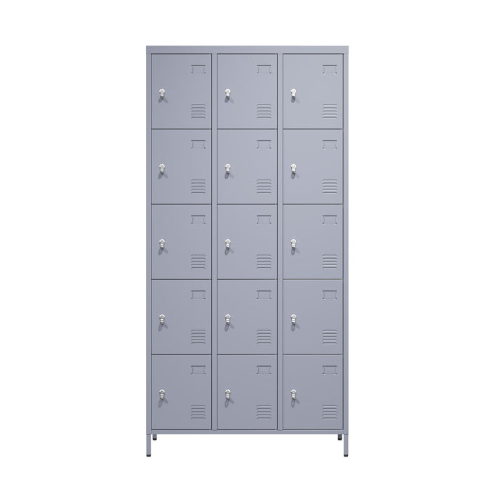 15 Door Lockers With Lock For Storage In Home, Gym, Office, And School - Gray