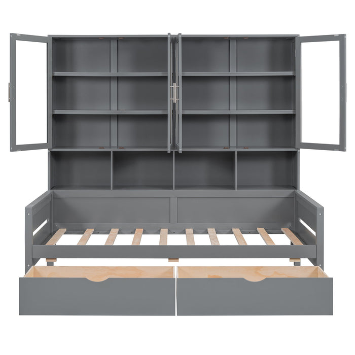 Daybed With Glass Door Storage Cabinets, Built In LED Lighting And Shelves