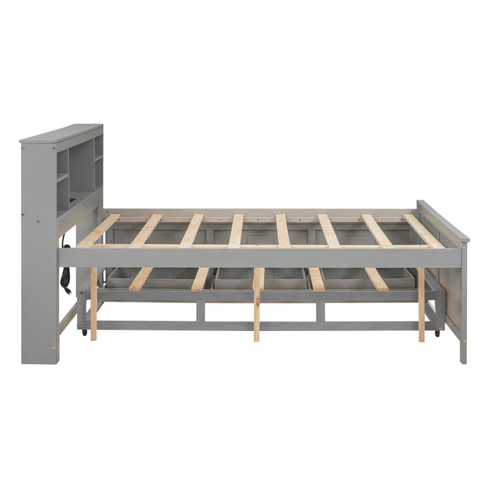 Platform Bed With Storage Headboard, USB, Trundle And 3 Drawers