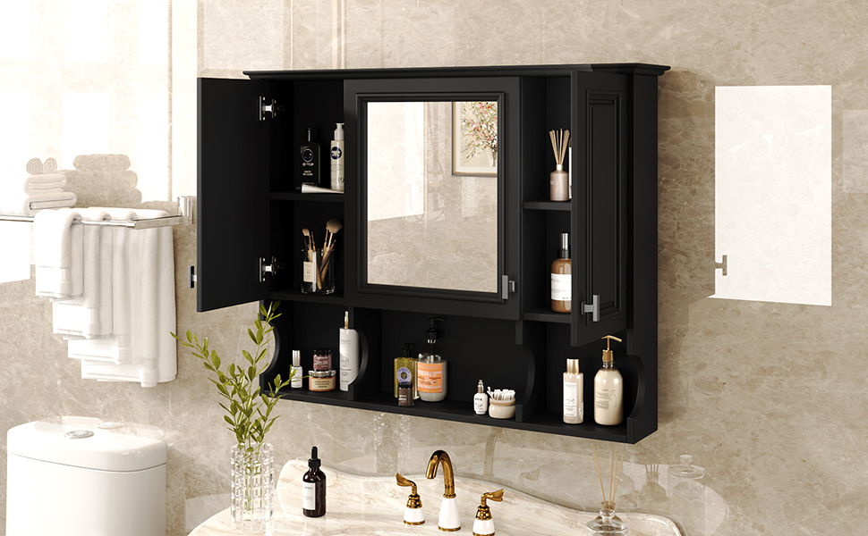 Wall Mounted Bathroom Medicine Wall Cabinet With Mirror & Open Shelves
