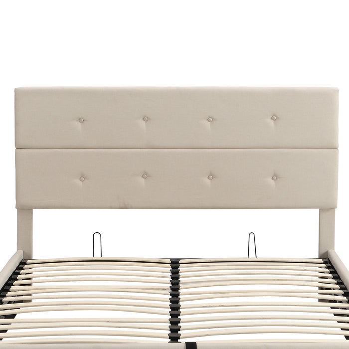 Upholstered Platform Bed With Underneath Storage, Queen Size, Beige